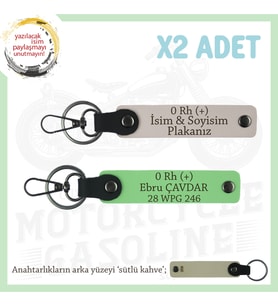 Hız Severlere Özel, İsim Plaka ve 0 Rh (+) Kan Grubu Yazılı Deri x2' li Anahtarlık, Pudra-F Yeşil-SK (Çok Renkli)