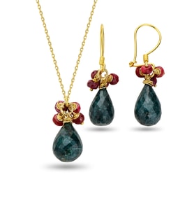 Gümüş altın yaldılzı kök zümrüt ve kök yakut doğal taşlı damla ikili set SGTL12727YESIL (Rose)