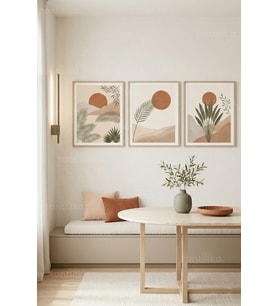Bohem Minimalist Doğal Tonlarda Soyut Peyzajlar 3’lü Ahşap Çerçeveli Tablo Seti
