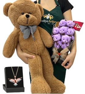 Fotoğraflı 7'li Peluş Ayıcık Buketi, Renkli Anka Kuşu Kolye ve Kahverengi Peluş Ayıcık (Model 3)
