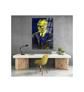 Atatürk Tablosu Lacivert ve Sarı Rekli Cam Atatürk Tablo Modeli Ev Ofis Tablosu