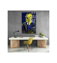 Atatürk Tablosu Lacivert ve Sarı Rekli Cam Atatürk Tablo Modeli Ev Ofis Tablosu