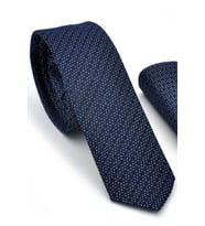 Beyaz Noktalı Verev Çizgili Lacivert Dokuma Kumaş Mendilli Slim Fit Kravat  / SDK-220713 (Renksiz)