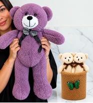 Büyük Boy Mor Peluş Ayıcık ve Peluş Saksıda Ayıcık Buketi Sevgiliye Kadına Arkadaşa Hediye