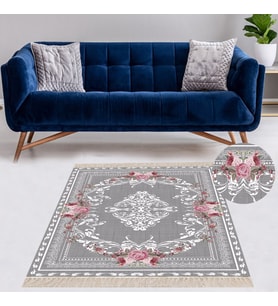 Gül Desenli Çerçeveli Dijital Baskı Yıkanabilir Kaymaz Taban Vintage Salon Halısı ve Yolluk (Gri)