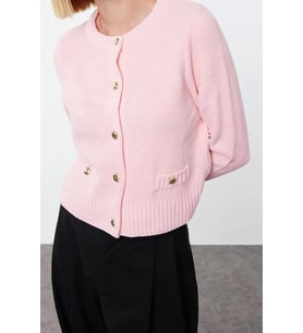 Kadın Modern Tarz Regular Bisiklet Yaka Crop Triko Hırka (Pembe)