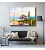 Altın Renk Metal Çerçeveli Tamperli Cam Tablo Sultanahmet Camii ve Ağaçlar Şehir Mimari Tablo Duvar Dekoru