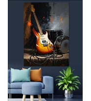 Duvarda Yaslı Elektro Gitar Dekoratif Kanvas - Mdf Ahşap Tablo