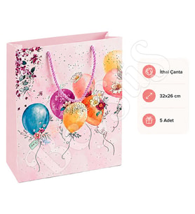 32x26 cm İthal Çiçekli Balonlu Hediyelik Kağıt Çanta Pembe 5 Adet