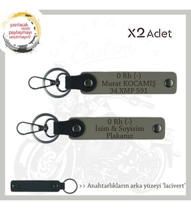 Motorcu Kuryelere Özel, İsim Plaka ve 0 Rh (-) Kan Grubu Yazılı x2' li Anahtarlık Set, Kül Gri-Laci (Çok Renkli)