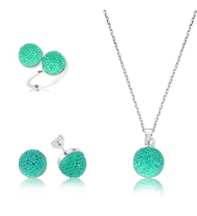 Gümüş Yeşil Kristal Taşlı Bayan Set