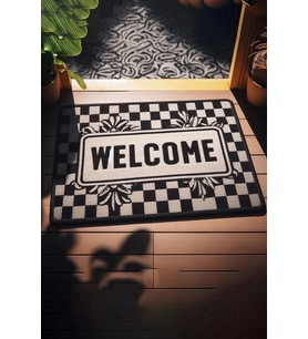 Valerine Life Dama ve Yaprak Desenli Siyah Beyaz Welcome Kapı Önü Paspası 45x70cm