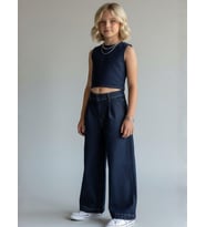 Kız Çocuk Yüksek Bel Bol Paça Jean Pantolon (Lacivert)