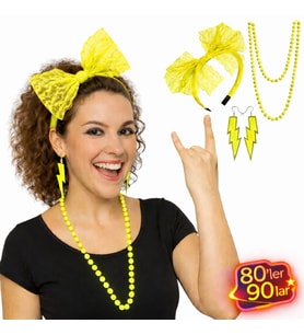 80’ler 90’lar Neon Sarı Parti Seti – Kolye Küpe Taç