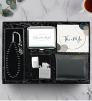 Kişiye Özel Metal Gümüş Renk Tabaka & Gümüş Renk Zippo Tarzı Çakmak & Siyah Tesbih & Siyah Cüzdan Hediye Seti