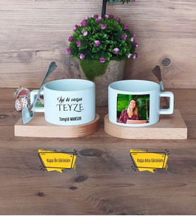 Teyzeye Doğum Günü Hediyesi Kupa Bardak Ahşap Altlıklı Kısa Fotoğraflı