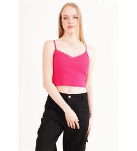 23254275 Kaşkorse İp Askılı Dantelli Crop Bluz FUSYA (Fuşya)