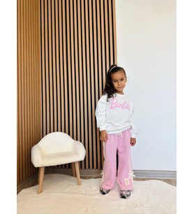 Cg Kids Barbie kabartma barbie yazı 3 iplik kumaş kız çocuk alt üst takım süper kalite sırt baskı ve eşofman detay (Pembe)