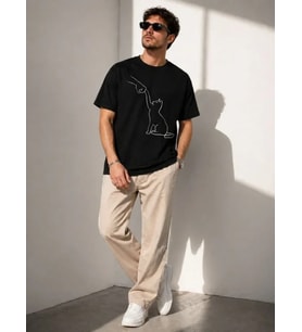 Erkek Minimal Kedi Çizim Baskılı Tişört Kısa Kol Yazlık T-Shirt - Siyah