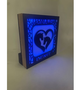 Kişiye Özel İsimli At Figürlü LED Işıklı Ahşap Tablo / Gece Lambası Mavi