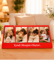Kişiye Özel 4 Fotoğraflı Canım Annem Tasarımlı Ahşap Kolaj Masaüstü Çerçeve (Kırmızı)