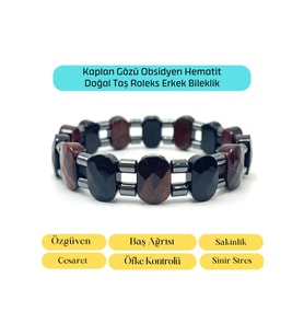 SERTİFİKALI Obsidyen Kaplan Gözü Hematit Doğal Taş Roleks Erkek Bileklik