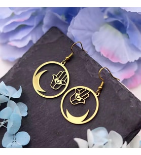 Tasarım Hamsa ve Hilal Küpe 925K Gümüş (Gold)