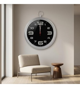 Yuvarlak Duvar Saati, Siyah Kadran, Gümüş Çerçeve, 30 Cm, Cep Saati Tasarımı, Kırmızı Saniye Ibresi
