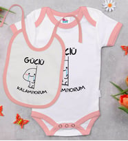 BK Kids Güçlü Kalamıyorum Tasarımlı Pembe Bebek Body Zıbın ve Mama Önlüğü Hediye Seti-1