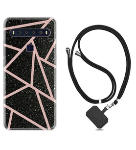 TCL 10L 10 Plus 10SE 20E 20SE 30 L7 Kılıf Boyun Askılı Silikon Pembe Şeritli Mermer 1312