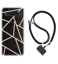 TCL 10L 10 Plus 10SE 20E 20SE 30 L7 Kılıf Boyun Askılı Silikon Pembe Şeritli Mermer 1312