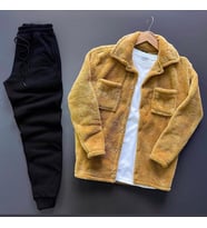 Unisex Taba Peluş Polar Hırka Gömlek Siyah Eşofman Altı Takım (Taba - Siyah)