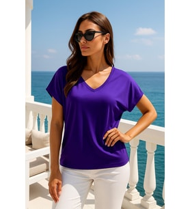 Kadın Mor Viskon Ön Arka V Yakalı T-shirt Yarasa Kol Relaxed Bluz