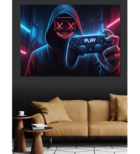 Neon Işıklı Kapşonlu Gamer Figür Dekoratif Kanvas - Mdf Ahşap Tablo