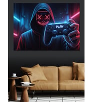 Neon Işıklı Kapşonlu Gamer Figür Dekoratif Kanvas - Mdf Ahşap Tablo