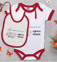 BK Kids Anneannesi'nin Uykucu Kuzusu Tasarımlı Kırmızı Bebek Body Zıbın ve Mama Önlüğü Hediye Seti-1