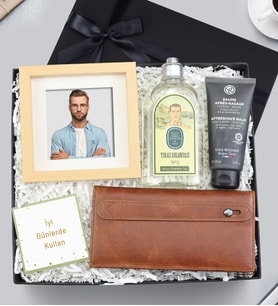 Hakiki Deri Portföy Cüzdan & Yves Rocher Balsam & Çerçeve & Eyüp Sabri Tuncer Tıraş Kolonyası Premium Hediye Seti