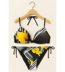 Kadın Üçgen Desenli Bikini Takımı – Siyah Gri Sarı Çiçek Baskılı, Ayarlanabilir İpli 1001-522