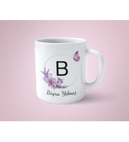 Kişiye Özel B Baş Harfli İsimli Mor Çerçeveli Beyaz Kupa Bardak-1