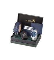 Polo Air Klasik Metal Kasa Erkek Kol Saati Cüzdan Kemer Kartlık Parfüm Seti Gümüş Lacivert Renk PL-7094E2