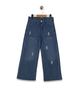 Taşlı Kelebek Nakışlı Kız Çocuk Kot Pantolon/Jean (Mavi)