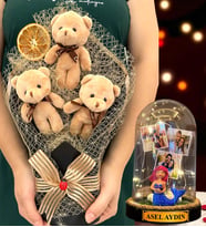 Sizlere Özel Led Işıklı Fanus ve Büyük Boy Kahve Peluş Ayıcık Buketi - Premium Hediye Seti (Model 7)
