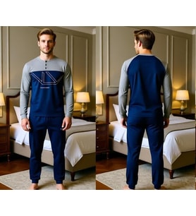 Erkek Pamuklu Gri - Lacivert Renk Pijama Takımı AL008-2
