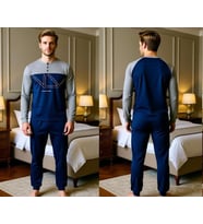 Erkek Pamuklu Gri - Lacivert Renk Pijama Takımı AL008-2