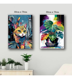 kedi ve saksıda çiçek tablo resim kanvas 2 adet 50x70