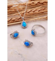 Opal Taşlı Damla Gümüş Üçlü Set 2421 (Mavi)