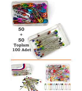 Çengelli Ve Toplu İğne Karışık Renkli 100 Adet (50+50)= Toplam 100 Adet  Eşarp Ve Şal İğnesi