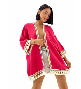 Kadın Gökkuşağı Desenli Püskül Detaylı Kimono