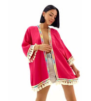 Kadın Gökkuşağı Desenli Püskül Detaylı Kimono (Pembe)