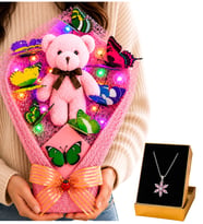 Renkli LED Işıklı Peluş Ayıcık Buketi ve Pembe Ametist Taşlı Lotus Kolye Sevgiliye Kadına Hediye Seti